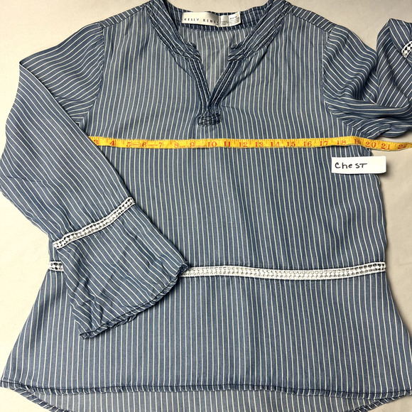 Kelly Renee Blouse Women Medium Blue Striped Long Sleeve Bell Sleeve V Neck Boho - Picture 4 of 9